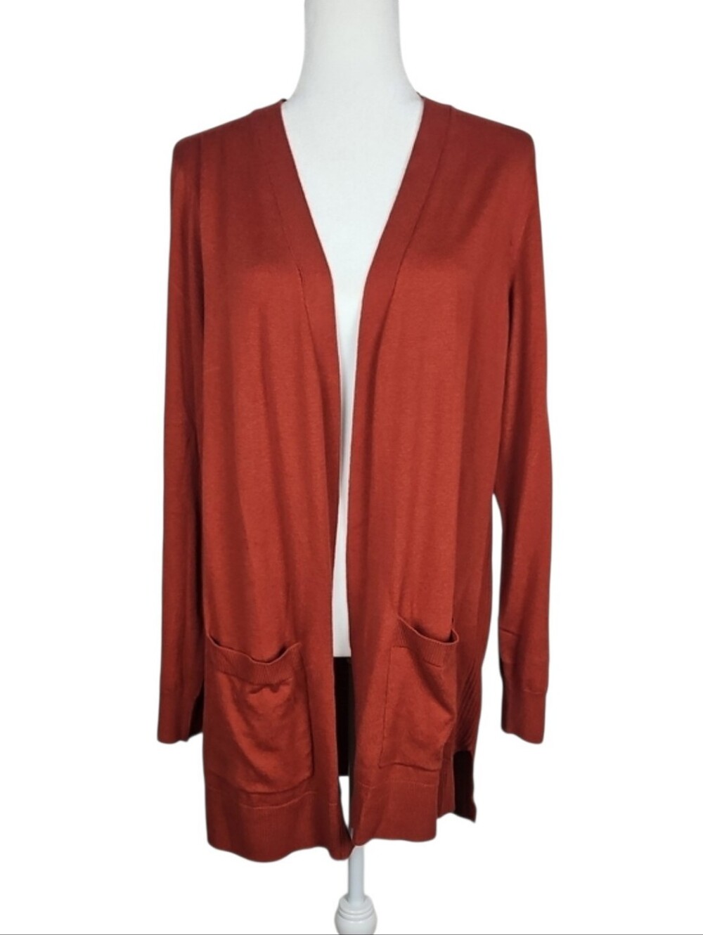 Rust Brick Red Open-Front Women’s Cardigan Sweater w/ Pockets NEW Casual, XL